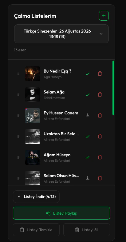 Çalma listesi sayfasında eser satırlarındaki indirme simgeleri ve altta "Listeyi İndir" düğmesi